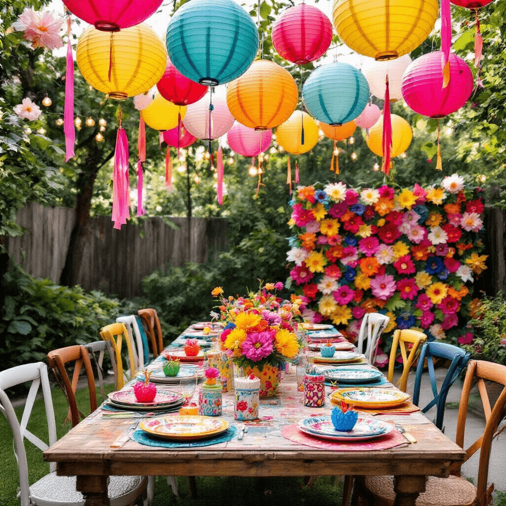 A colorful backyard celebration featuring mismatched vintage tables, paper lanterns, vibrant lotus garlands, oversized balloons, and playful mini piñatas at each place setting, with a DIY photo booth and flower wall backdrop, all showcased in a detailed flat lay of eclectic patterns and textures.
