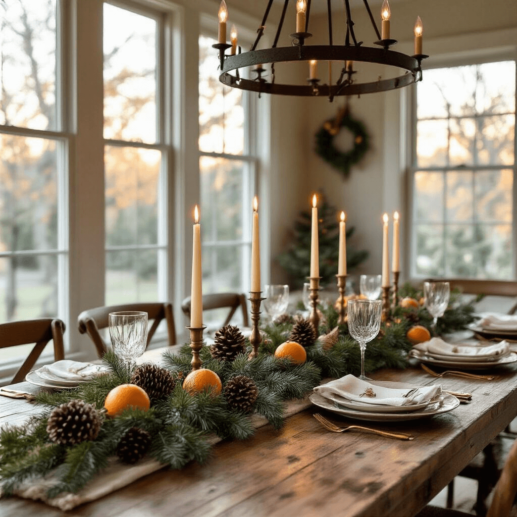 A cozy Christmas Eve dining nook featuring a farmhouse wooden table dressed with a handmade eucalyptus garland, pine cones, and dried orange slices, illuminated by taper candles in brass holders, vintage silverware, and crystal glasses, under a mistletoe-adorned chandelier, all bathed in warm golden hour light.