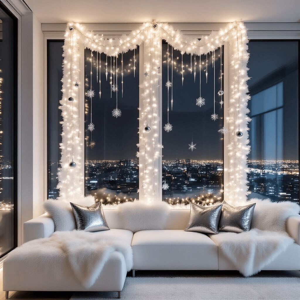 Modern apartment with floor-to-ceiling windows framed by a white and silver pre-lit garland, featuring clear glass icicle ornaments. A sleek white sectional with faux fur throws and metallic pillows enhances the cozy atmosphere, contrasting with the twinkling city lights outside.
