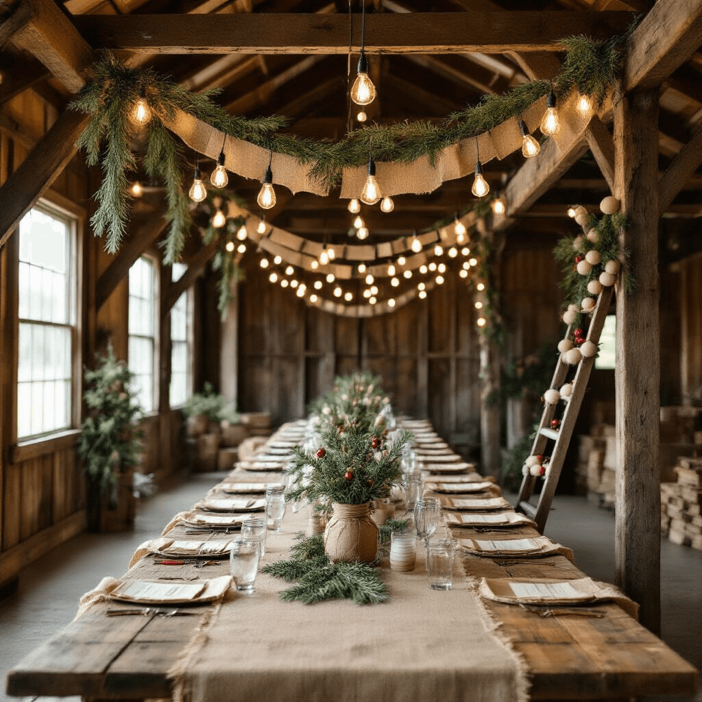 A rustic barn interior adorned for a holiday gathering, featuring exposed wooden beams draped in burlap and twine garlands, Edison bulb string lights, long communal tables with kraft paper runners and mason jar centerpieces of pine branches and cranberries, and a vintage ladder as a beverage station decorated with a muted pom-pom garland, all seen from an elevated perspective.