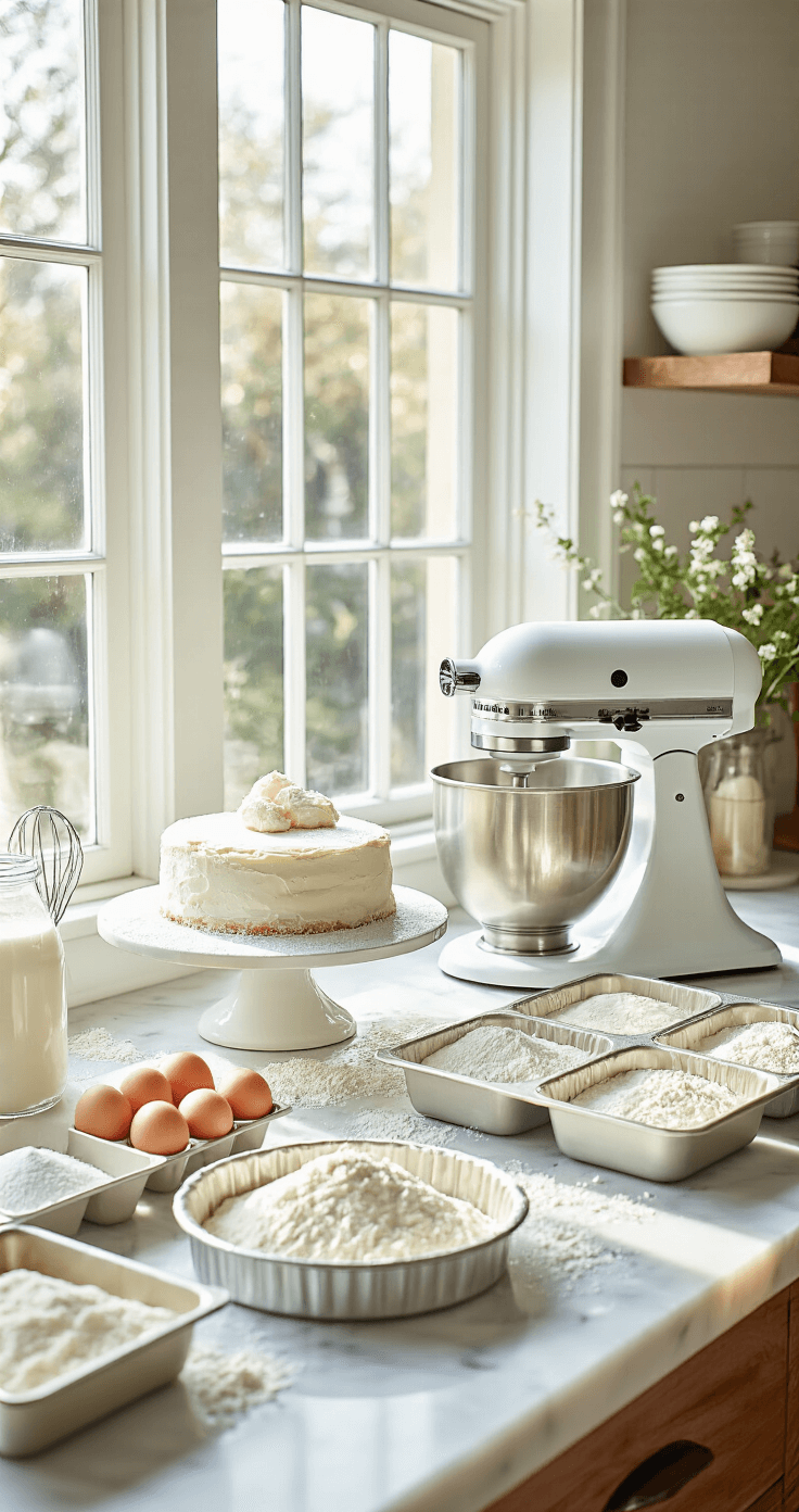 A bright professional kitchen with natural light, featuring a marble countertop with ingredients for a wedding cake: sugar, eggs, vanilla extract, and flour. A stand mixer and lined cake pans are neatly arranged, showcasing culinary organization.