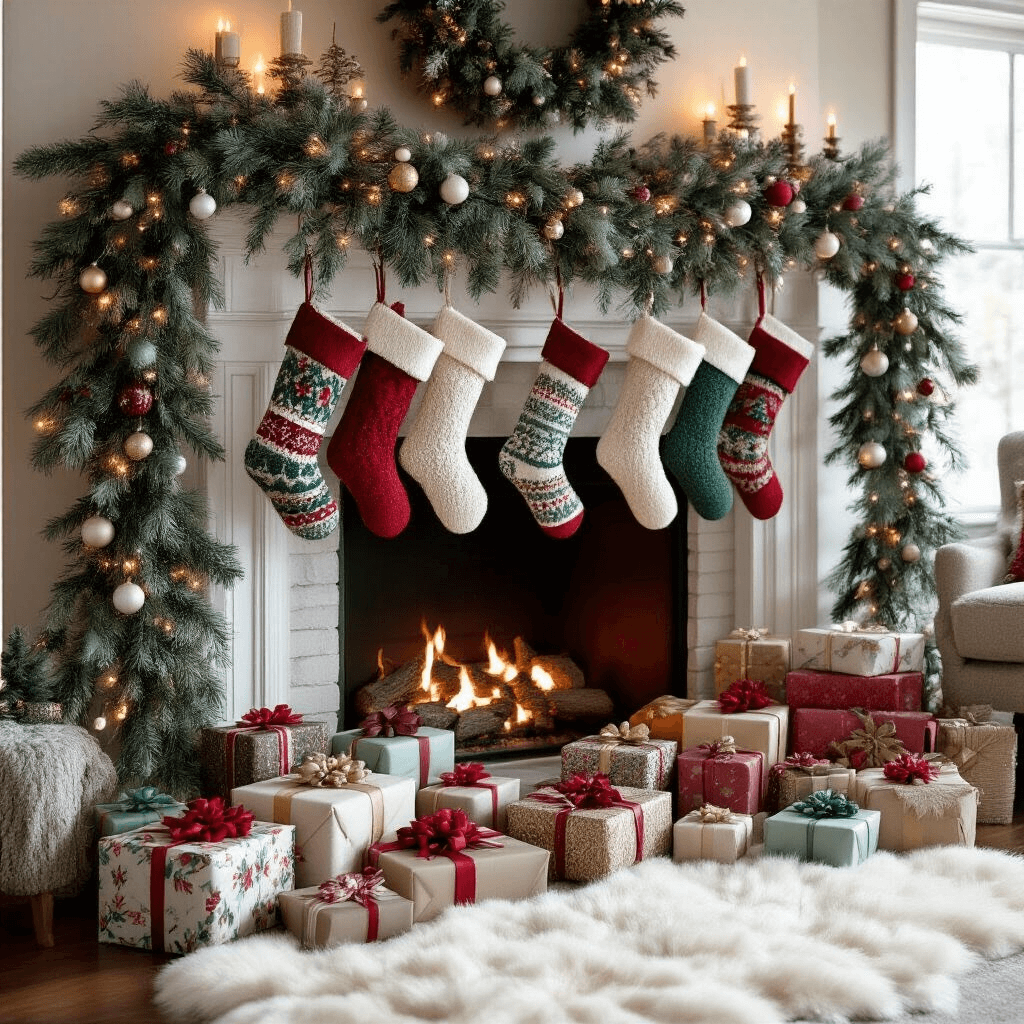 A beautifully styled living room mantel adorned with a lush faux garland of pine and eucalyptus, oversized colorful retro bulbs, and hand-knit stockings, complemented by a collection of wrapped gifts on a plush faux sheepskin rug, all illuminated by warm Christmas tree lights.