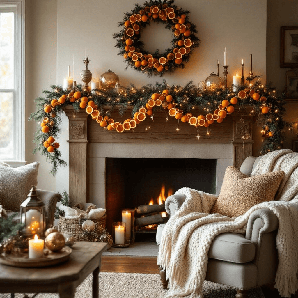 Crafting the Perfect Dried Orange Garland: A DIY Holiday Decor Guide A cozy holiday living room featuring a rustic wooden mantle adorned with a dried orange garland, pine branches, and fairy lights, alongside vintage ornaments and mercury glass candle holders, with a plush armchair and chunky knit throw creating an inviting reading nook, all bathed in warm afternoon light.