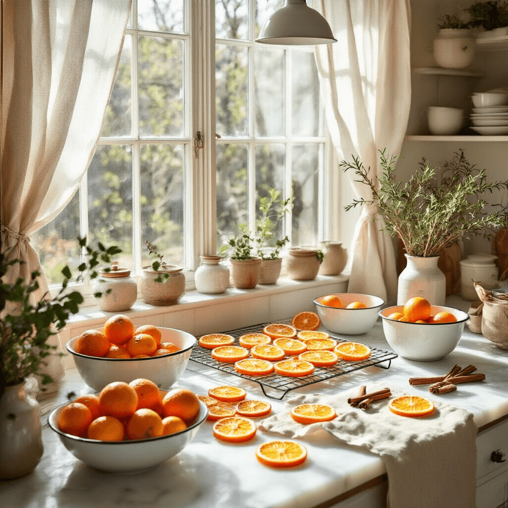 Crafting the Perfect Dried Orange Garland: A DIY Holiday Decor Guide A bright kitchen filled with sunlight showcases a DIY dried orange garland workshop, featuring a marble island, vintage enamelware bowls with oranges, a wooden drying rack with dehydrated slices, fresh rosemary, cinnamon sticks, and linen aprons amidst artisanal tools, all captured in an overhead shot.