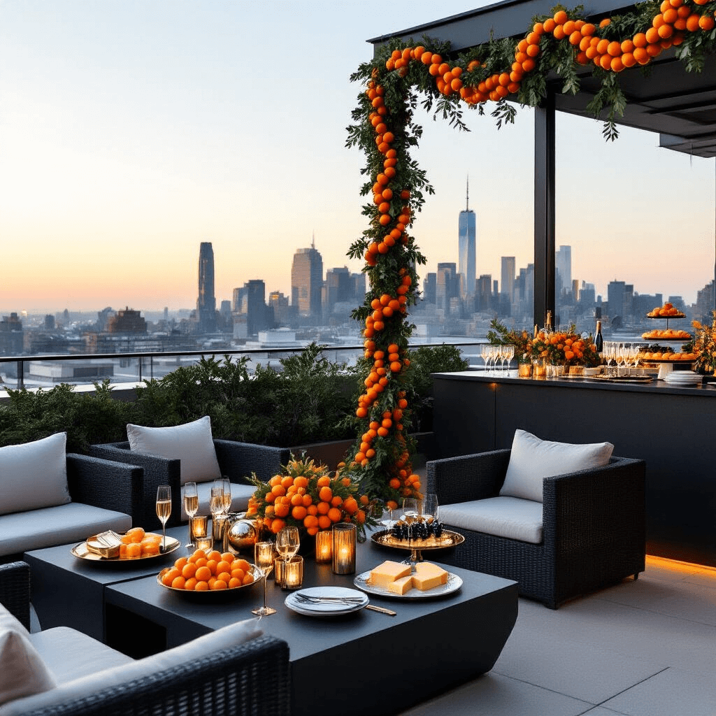 Crafting the Perfect Dried Orange Garland: A DIY Holiday Decor Guide A modern rooftop terrace decorated for a New Year's Eve party, featuring sleek lounge furniture, metallic-accented tables, a dried orange and kumquat garland, a minimalist bar, champagne flutes, and a tiered cheese board, with soft uplighting and a city skyline in the background.