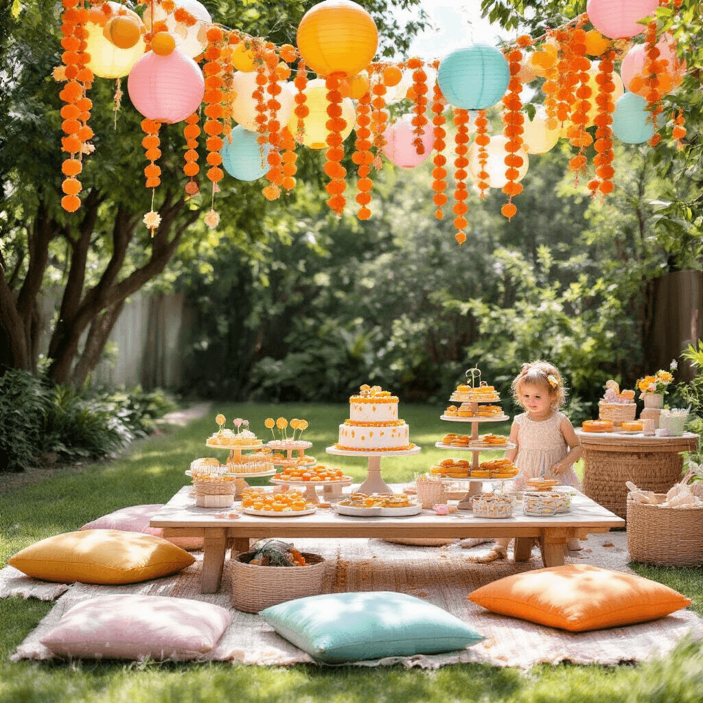 Crafting the Perfect Dried Orange Garland: A DIY Holiday Decor Guide A whimsical children's birthday party setup in a sunlit backyard featuring a low table with colorful floor cushions, a cheerful spread of treats including a homemade cake with dried orange slice decorations, and a DIY garland-making station, all under a canopy of orange garlands, paper lanterns, and pastel balloons.