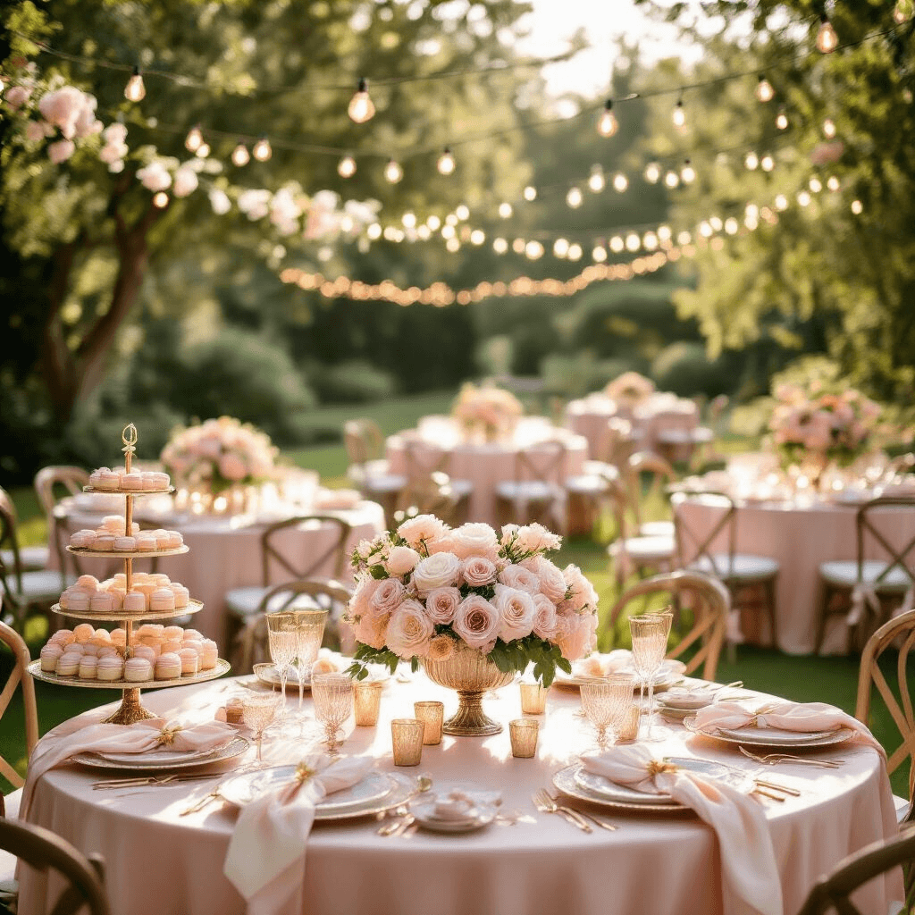 A sunlit garden party featuring blush pink table linens, extravagant floral centerpieces, vintage string lights, elegant place settings, and a dessert cart overflowing with cakes and macarons, all captured in a dreamy, romantic atmosphere.