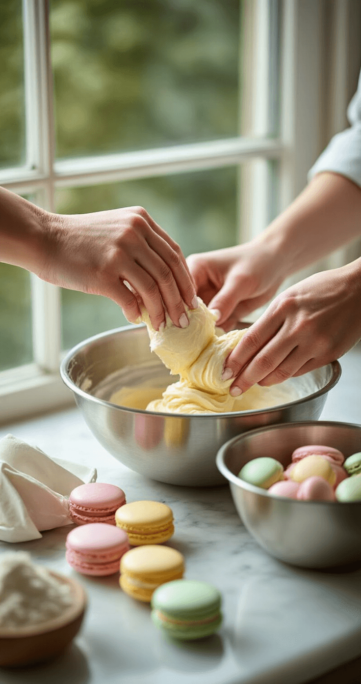 Close-up of hands folding pastel-colored almond meringue batter in a steel bowl, with soft natural light accentuating the mixture's texture and neatly arranged baking tools in a professional kitchen.