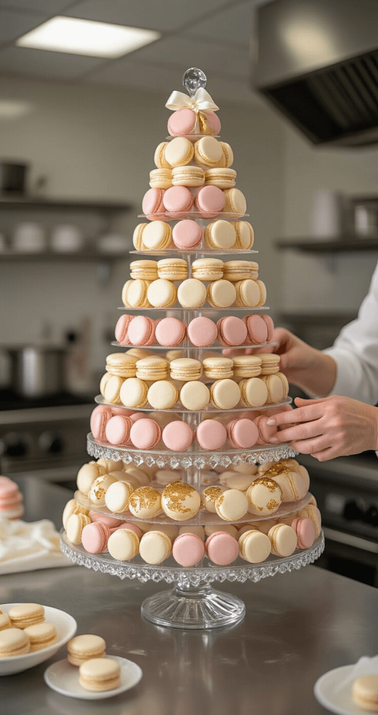 A wide-angle view of an 8-tier macaron tower being assembled in a professional kitchen, featuring macarons in blush pink, ivory, and champagne gold, illuminated by early morning light, with expert hands adding the final tier.