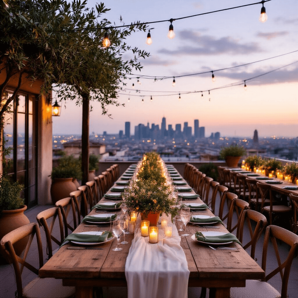 An elevated view of a romantic rooftop wedding reception at dusk, featuring long wooden tables adorned with ivory runners and sage green napkins, rustic terracotta pots with olive branches and wildflowers, sheer organza garlands, and glowing pillar candles, with a twinkling city skyline and lavender sky in the background.