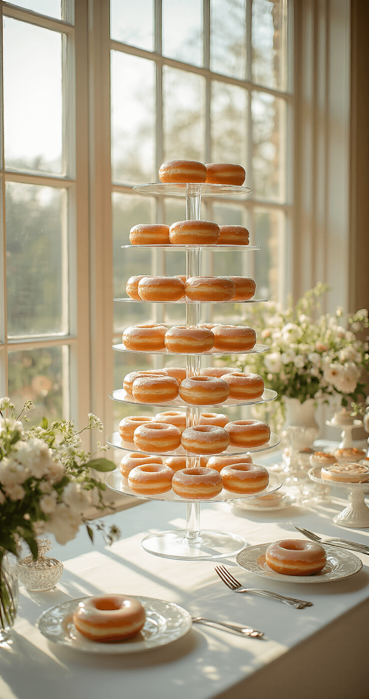 A sunlit wedding venue with a 5-tiered acrylic donut stand arranged with colorful glazed donuts, surrounded by crystal serving plates and silver tongs, while delicate edible flowers and vintage cake stands are on a white tablecloth.