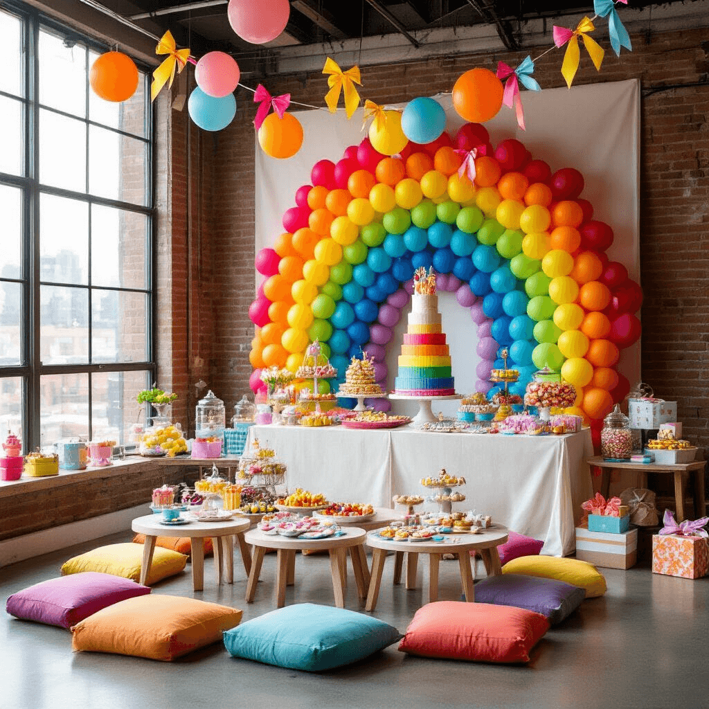 A vibrant children's birthday party in a modern loft, featuring low tables with colorful cushions, a bold balloon backdrop, an extravagant dessert station with a rainbow cake, candy jars, custom cookies, and wrapped gifts, all illuminated by natural light from large windows.