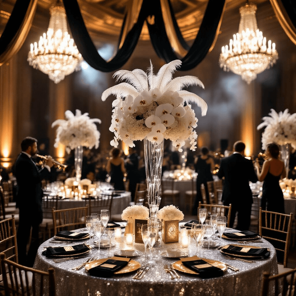 An elegant New Year's Eve soirée in a grand ballroom, featuring round tables with silver sequin linens, towering floral centerpieces, and dramatic black velvet and gold garlands. Couples dance on the floor as a jazz quartet performs under crystal chandeliers, illuminated by soft lighting that captures the excitement of the celebration.