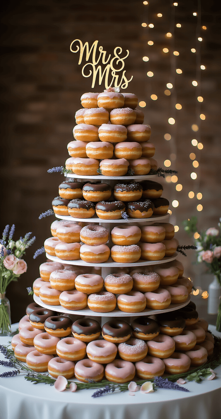 A beautiful tiered display of donuts in an ombré effect, featuring dark chocolate to pastel-glazed treats, adorned with fresh lavender and rose petals, set against twinkling fairy lights, topped with a gold 'Mr & Mrs' cake topper.