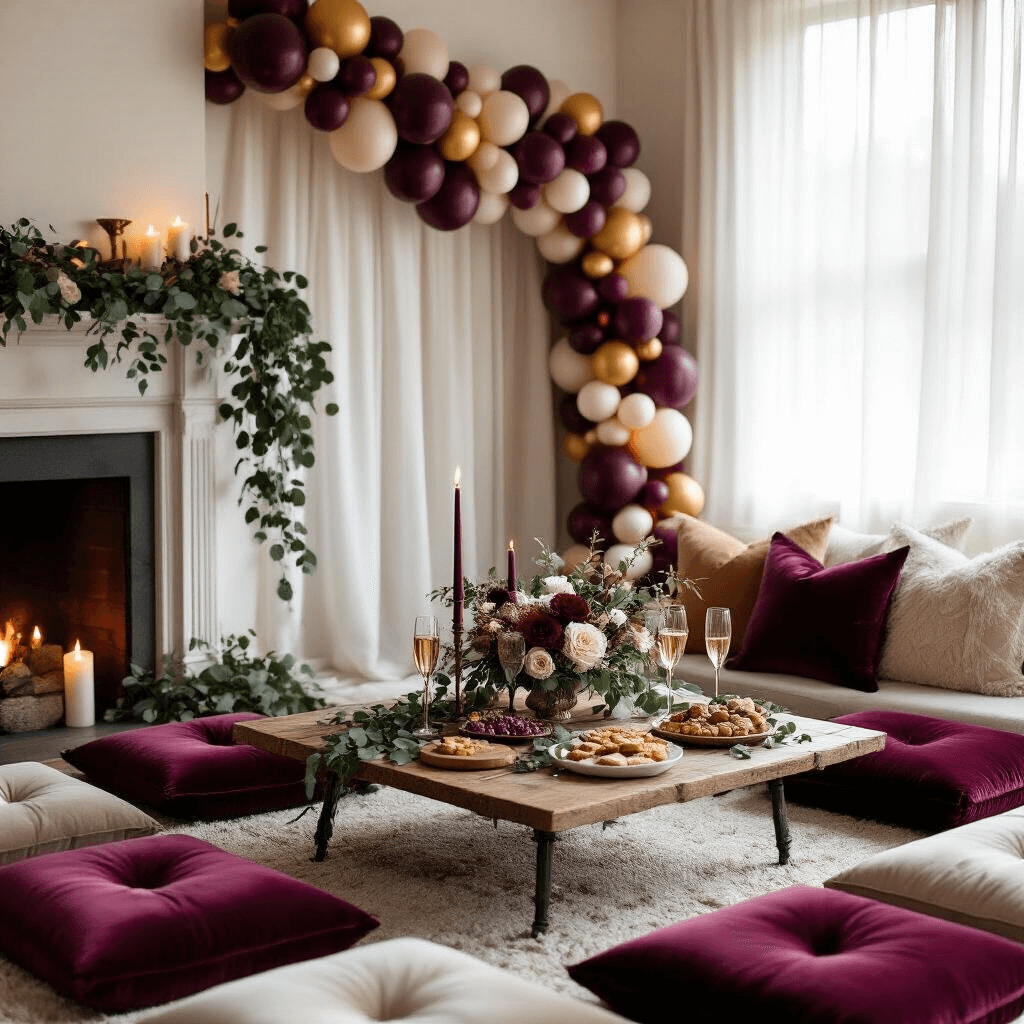 Close-up of a cozy indoor celebration scene featuring a rustic wooden charcuterie board, delicate champagne flutes, and a whimsical balloon garland in burgundy, gold, and cream, surrounded by plush velvet floor cushions, illuminated by soft morning light filtering through sheer white curtains.