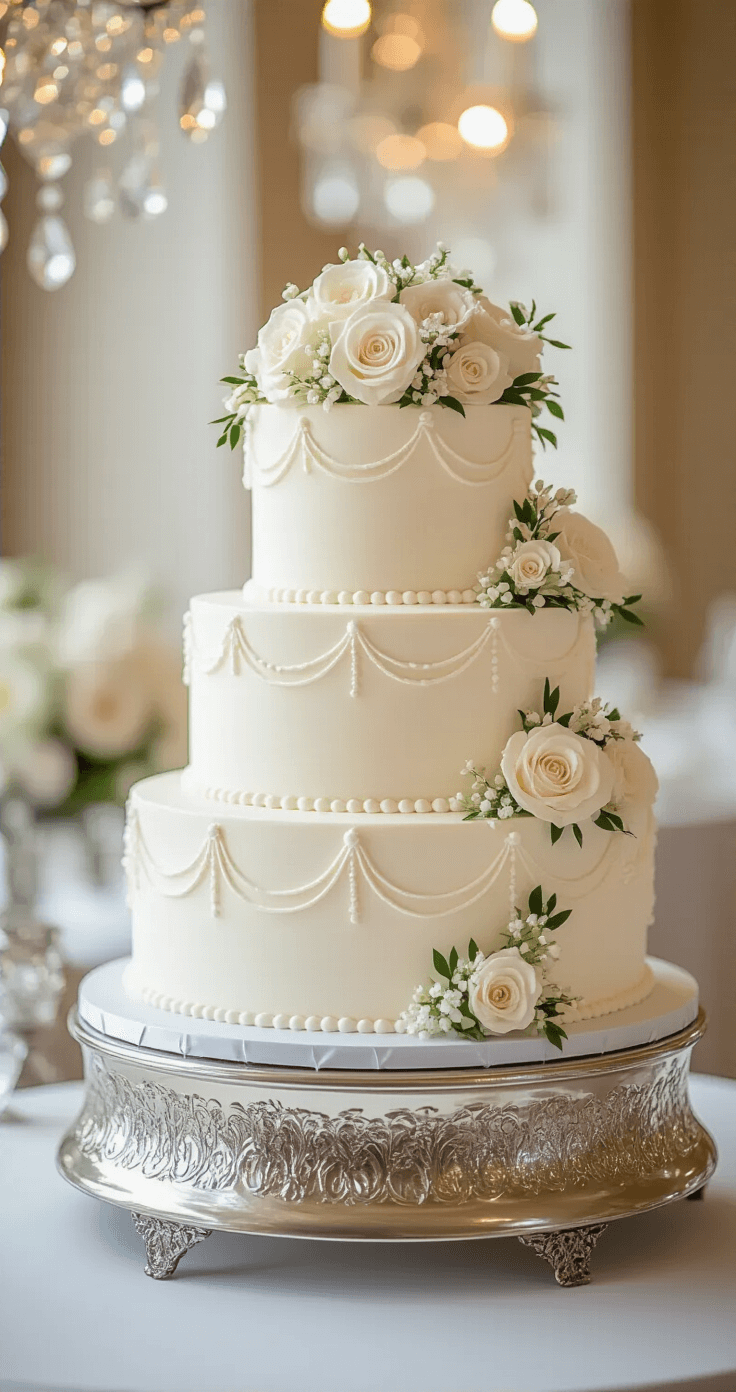 An elegant three-tiered vanilla wedding cake with white buttercream frosting, adorned with pearl-like textures and fresh flowers, displayed on a silver cake stand in a softly lit, upscale venue.