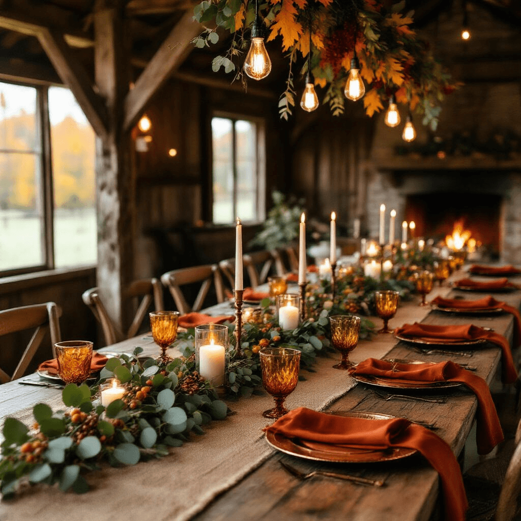 A warm and inviting autumn dinner party in a rustic barn, featuring a long farmhouse table adorned with burlap and burnt orange accents, copper chargers, amber glassware, and a lush garland of eucalyptus and autumn leaves, complemented by flickering pillar candles and handcrafted bow garlands hanging from wooden beams, with a cozy fireplace softly glowing in the background.