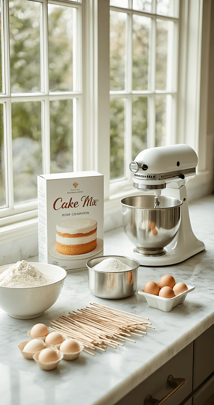 A bright professional kitchen with natural light showcasing baking ingredients, a stand mixer, and cake pop sticks, epitomizing precision and elegance in cake pop preparation.