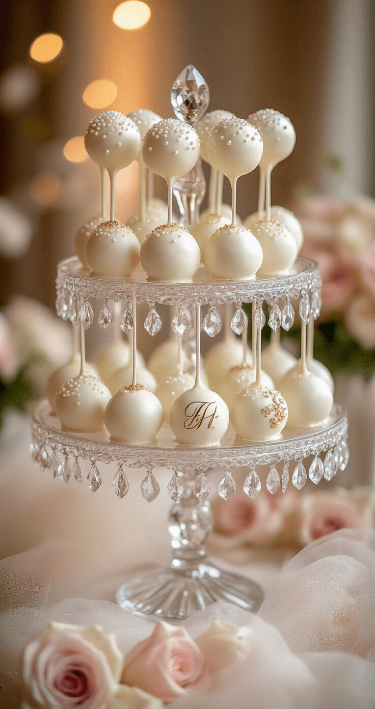 Ethereal wedding reception display featuring elegant white chocolate cake pops on a tiered crystal stand, adorned with pearl accents and gold details, surrounded by rose petals and tulle for a dreamy atmosphere.