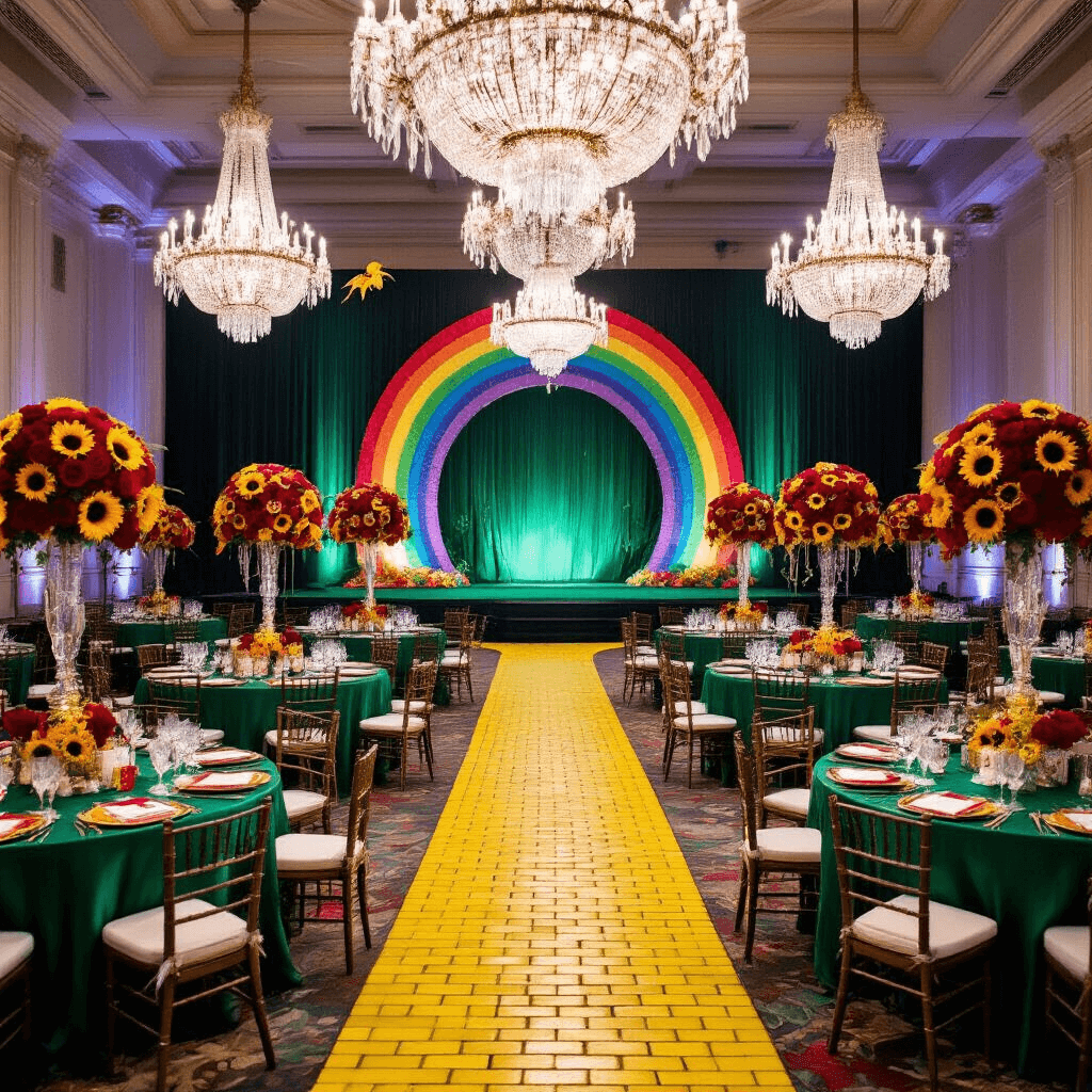 Judy Garland: The Unforgettable Voice of Hollywood's Golden Age A grand ballroom decorated for a 'Wizard of Oz' gala, featuring emerald green silk tablecloths, ruby red rose centerpieces, a yellow brick road carpet, and a stage with a rainbow arch, all illuminated by crystal chandeliers.