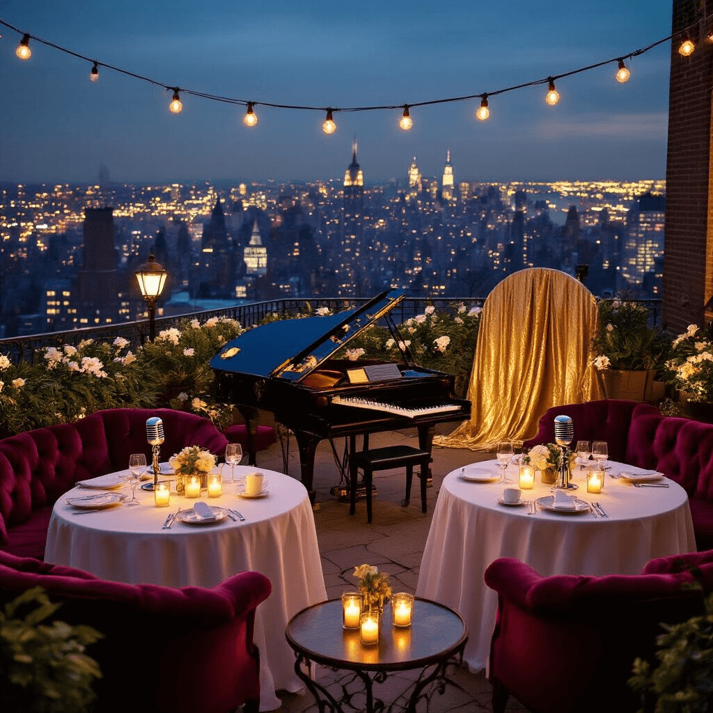 Judy Garland: The Unforgettable Voice of Hollywood's Golden Age An intimate outdoor terrace decorated with string lights, featuring round bistro tables with vintage microphone centerpieces and tea light candles. A small stage with a grand piano draped in sheer gold fabric and adorned with cascading orchids, surrounded by plush velvet lounge seating in jewel tones, captures the essence of Judy Garland's Carnegie Hall performance against a twinkling cityscape.