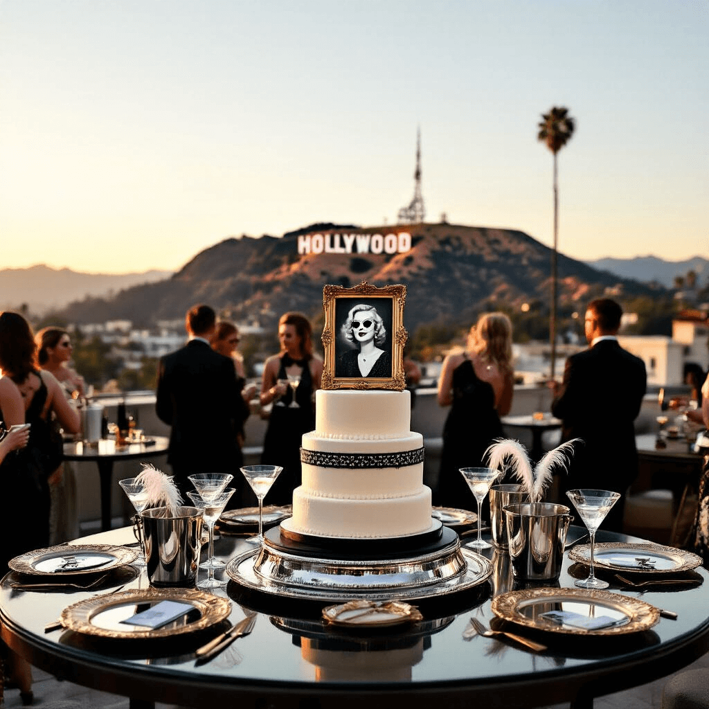 Judy Garland: The Unforgettable Voice of Hollywood's Golden Age A nostalgic 1940s Hollywood-inspired birthday celebration on a rooftop lounge at golden hour, featuring a view of the Hollywood sign. Guests mingle around cocktail tables adorned with mirrored trays, classic martini glasses, and silver champagne buckets. A tiered birthday cake designed like a vintage film reel is surrounded by black and white headshots of Judy in gilded frames, with feather boas, oversized sunglasses, and a retro photo booth adding touches of old Hollywood glamour.