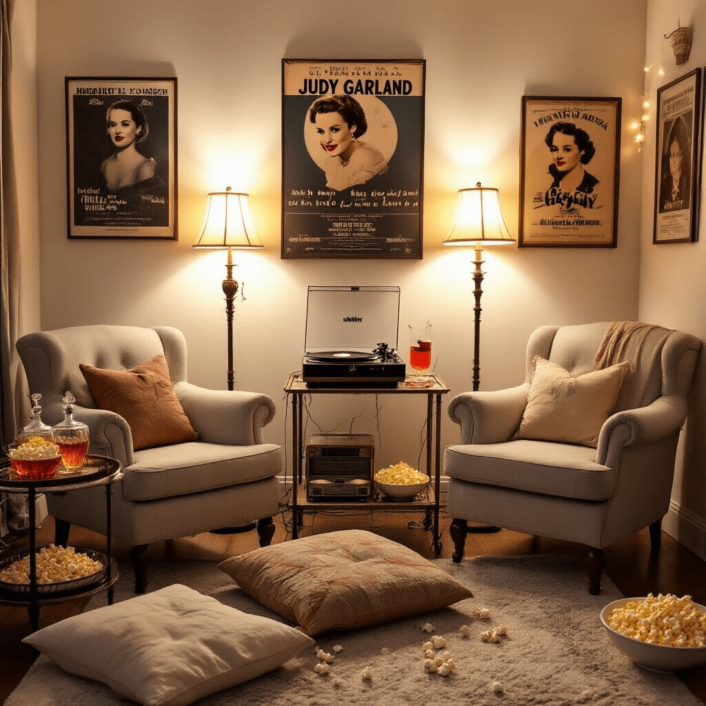 Judy Garland: The Unforgettable Voice of Hollywood's Golden Age A cozy and nostalgic living room set up for a Judy Garland sing-along, featuring mismatched vintage armchairs, a retro record player, walls adorned with framed sheet music and movie posters, a bar cart with cocktails in crystal decanters, and bowls of popcorn and candy, all illuminated by soft lamp light and string lights.