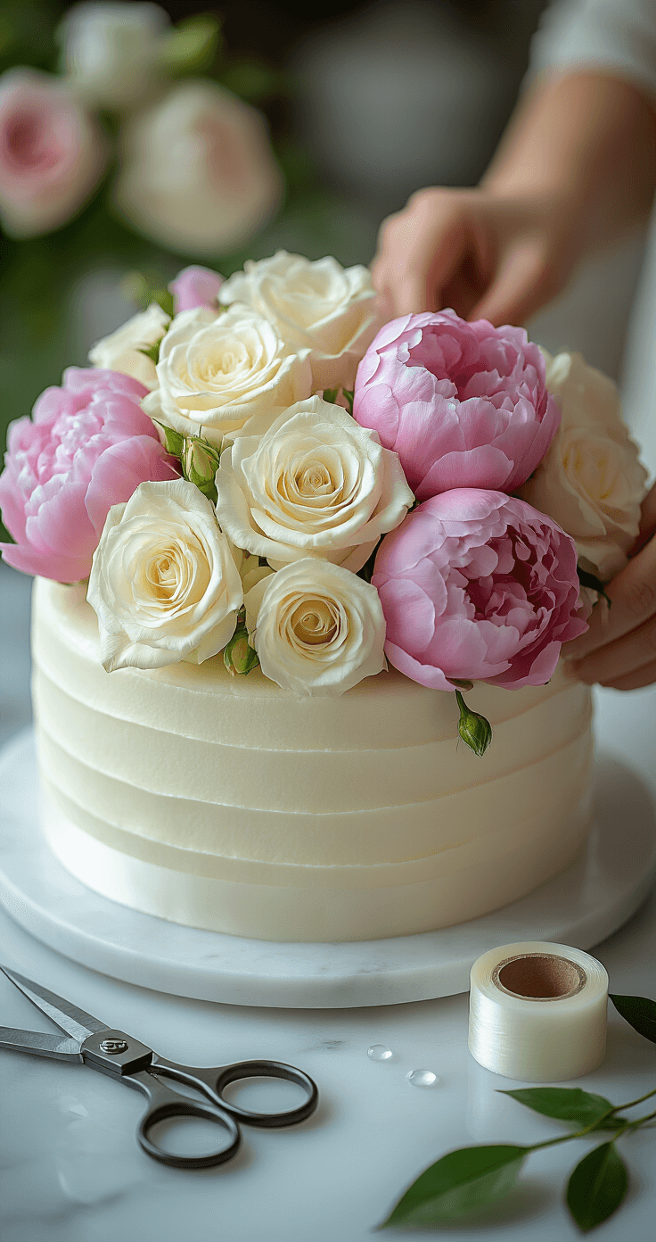 Close-up of white roses and pink peonies being wrapped with floral tape in a bright, clean marble workspace, with scissors and tools neatly arranged.