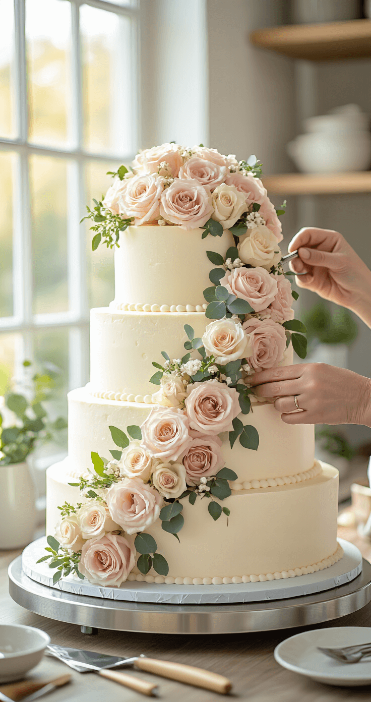 A three-tiered white wedding cake on a silver turntable, decorated with fresh blush roses and eucalyptus in a professional bakery, warmly illuminated by golden afternoon light.