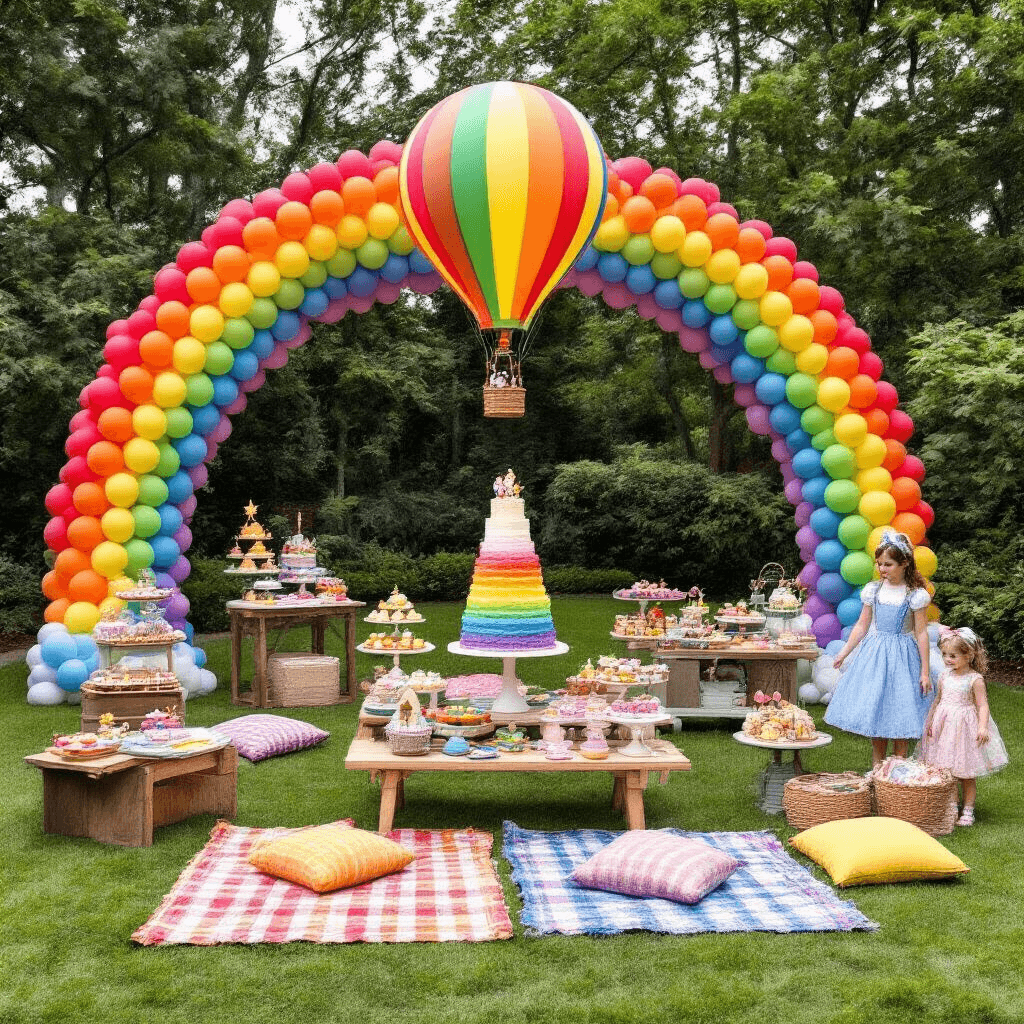 Judy Garland: The Unforgettable Voice of Hollywood's Golden Age A vibrant outdoor children's party themed 'Over the Rainbow,' featuring colorful picnic blankets, balloon arches, a dessert cart with a rainbow layer cake, and activity stations for crafts and hopscotch, all under a whimsical hot air balloon photo opportunity.