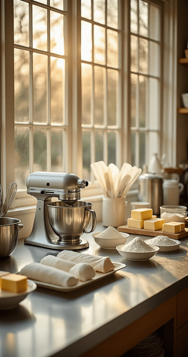 Buttercream Wedding Cake Designs: The Ultimate Guide to Stunning Edible Masterpieces A bright bakery workspace featuring a stainless steel countertop, organized baking tools including a KitchenAid mixer, piping bags, spatulas, and a cake turntable, alongside fresh ingredients like butter and powdered sugar in glass bowls.