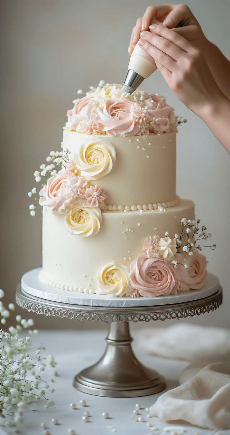 Buttercream Wedding Cake Designs: The Ultimate Guide to Stunning Edible Masterpieces Close-up of hands piping intricate pale pink and ivory buttercream flowers onto a three-tiered white wedding cake on a silver stand, with pearled sugar decorations and baby's breath flowers nearby.
