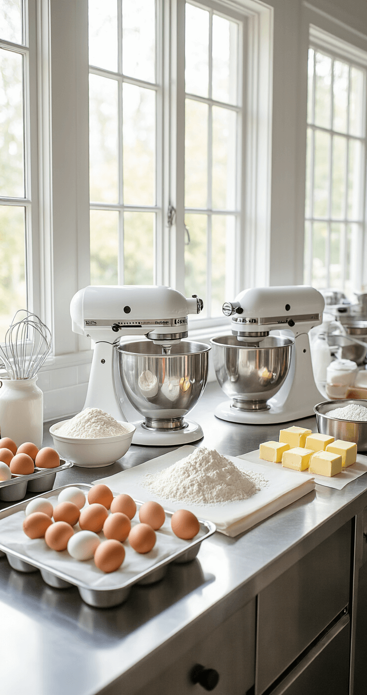 Stunning Fondant Wedding Cake: The Ultimate Guide to Creating a Masterpiece A bright, immaculate kitchen workspace with a stainless steel countertop showcasing organized baking ingredients and tools, including a stand mixer, flour and sugar in measuring cups, fresh eggs, and butter, along with lined cake tins, evoking a sense of preparation for a wedding cake.