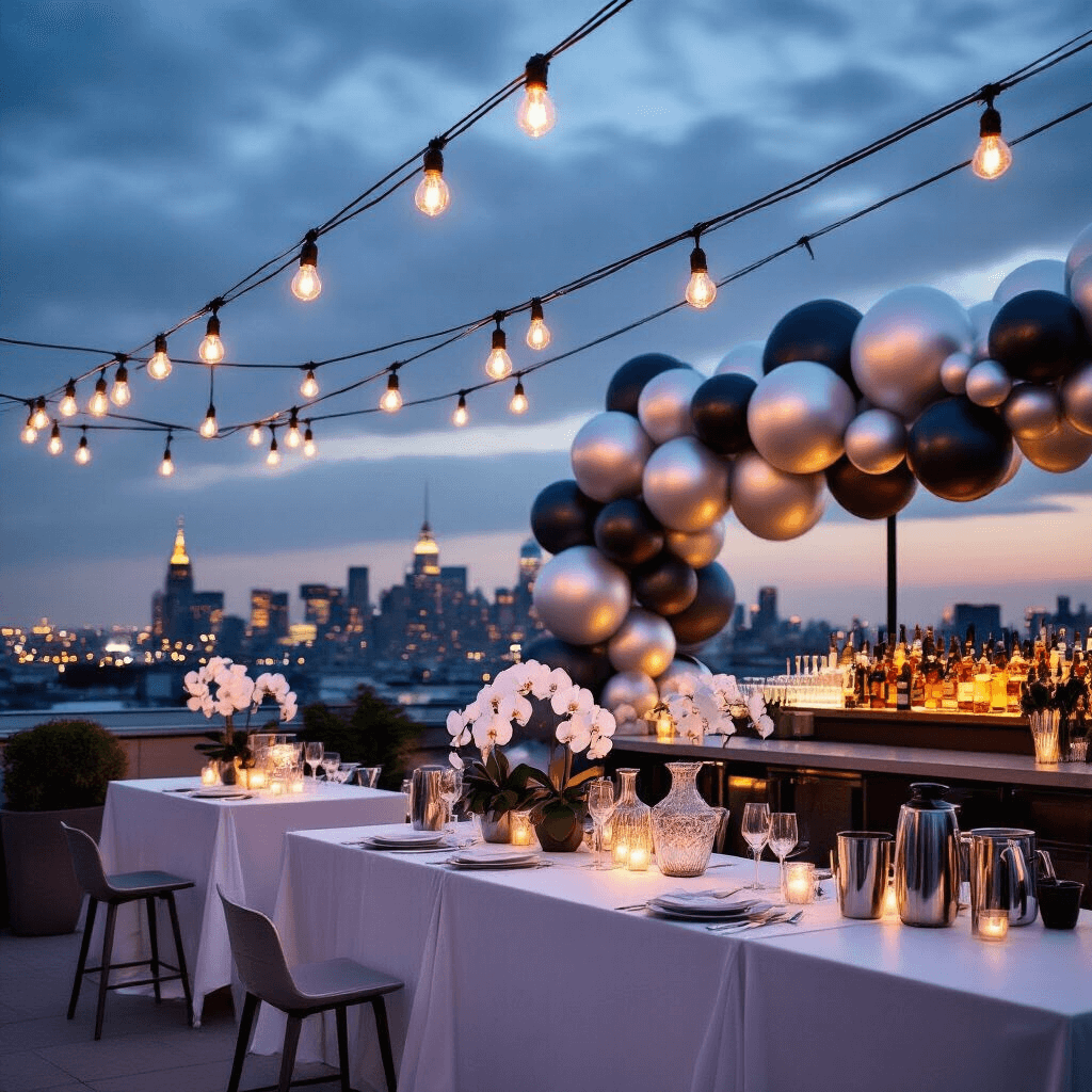 A chic rooftop terrace party at twilight featuring overhead Edison bulbs, high-top tables with white linens, a modern metallic balloon installation, an elegant bar with cocktail shakers and white orchids, all set against a twinkling cityscape.