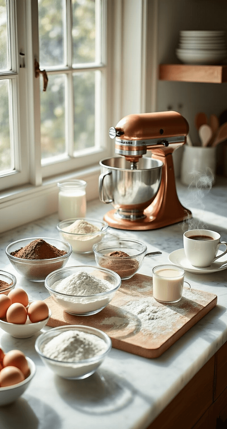 A sunlit professional kitchen with a marble countertop displaying ingredients for a chocolate wedding cake, including glass bowls of sifted cocoa powder, flour, and sugar, fresh eggs, and buttermilk, alongside a gleaming copper stand mixer and a steaming cup of coffee.