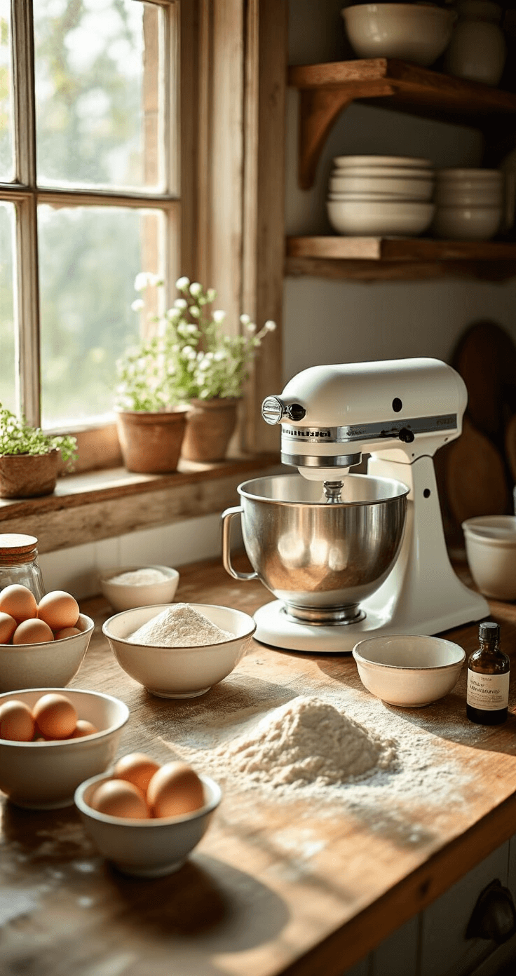 Rustic Wedding Cake: The Ultimate Guide to a Naturally Beautiful Celebration Centerpiece A rustic kitchen workspace with vintage wooden countertops, featuring a stand mixer, measured ingredients in antique bowls, and natural light illuminating fresh eggs and sifted flour.