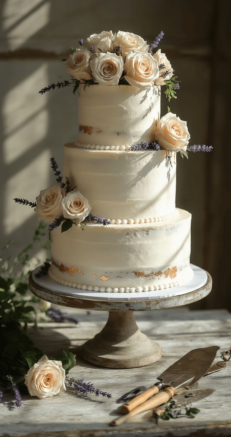 Rustic Wedding Cake: The Ultimate Guide to a Naturally Beautiful Celebration Centerpiece An elegant farmhouse-style wedding cake on a wooden stand, adorned with fresh roses and lavender, highlighted by golden light and gold leaf accents, with vintage decorating tools nearby.