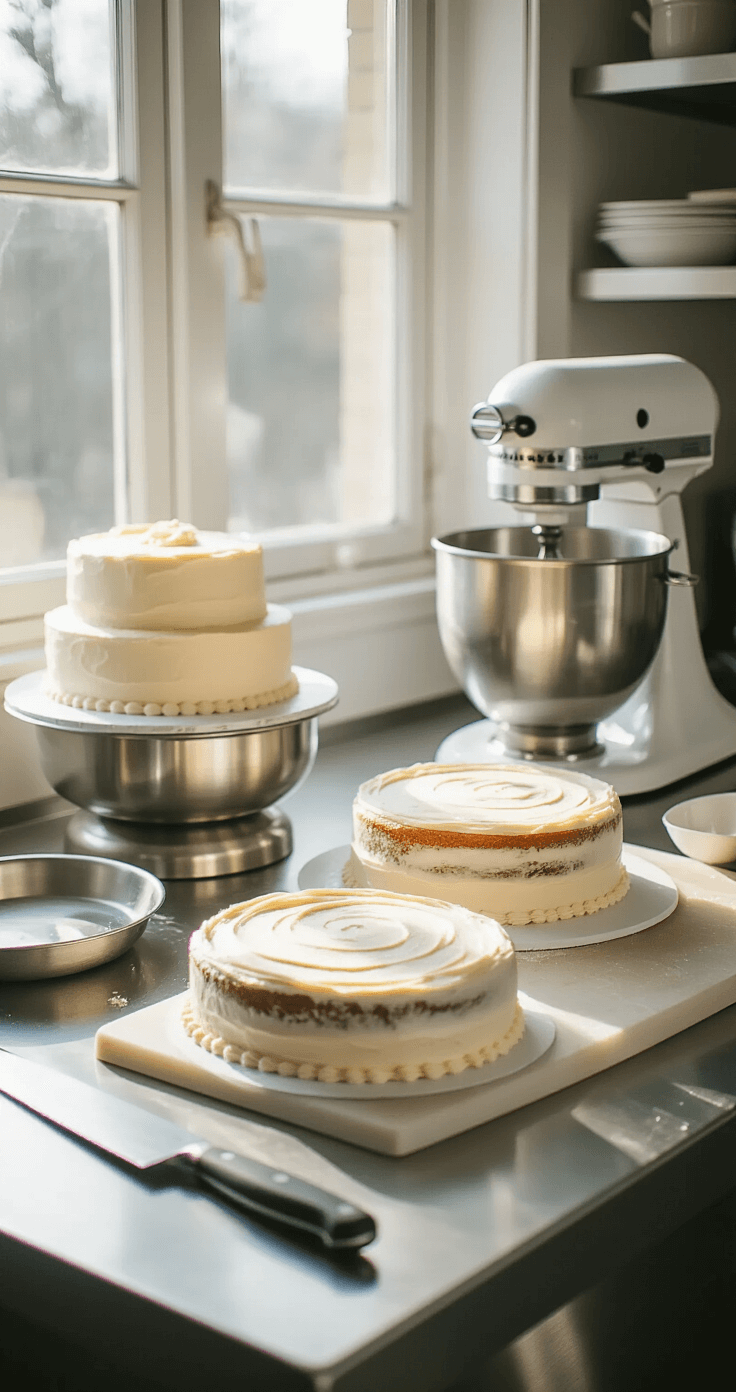 A bright professional kitchen with stainless steel counters displays three ivory cake layers, a serrated knife, and a stand mixer with vanilla buttercream, all illuminated by soft natural light.