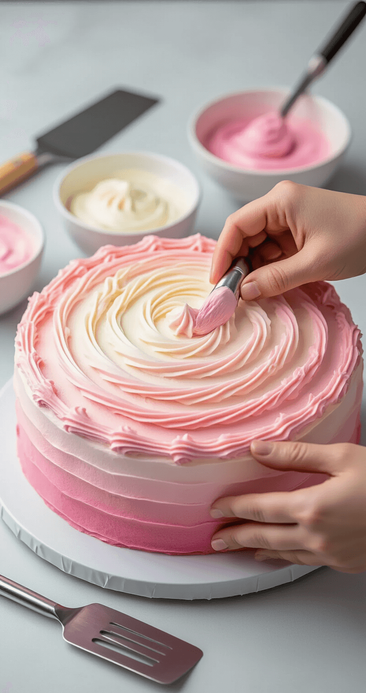Close-up of hands applying graduated pink-to-white ombre buttercream on a rotating cake turntable, with five bowls of lighter pink frosting in the background and a professional cake comb and offset spatula nearby, all highlighted by studio lighting.