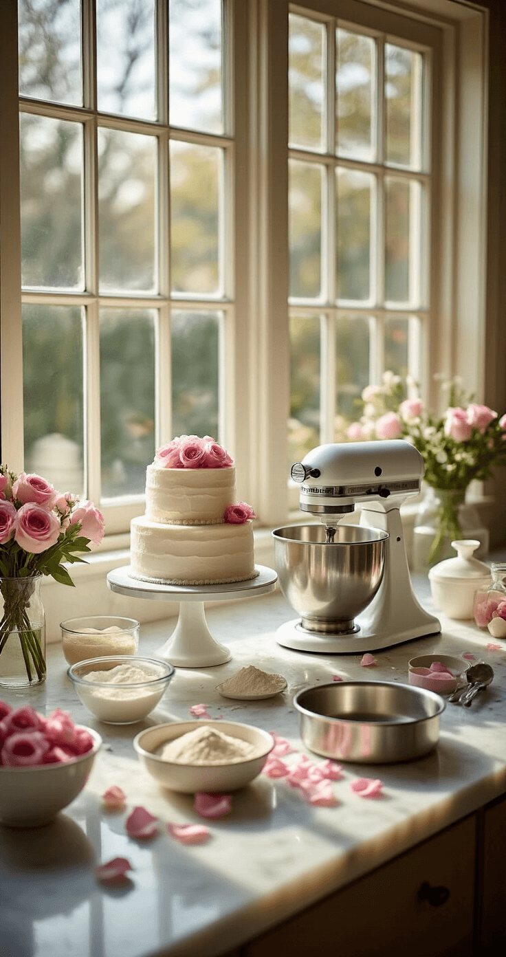 A bright professional kitchen with natural light, featuring a marble countertop with measured ingredients in glass bowls, a stand mixer, gleaming cake pans, scattered rose petals, and flour, creating a romantic wedding cake preparation scene.