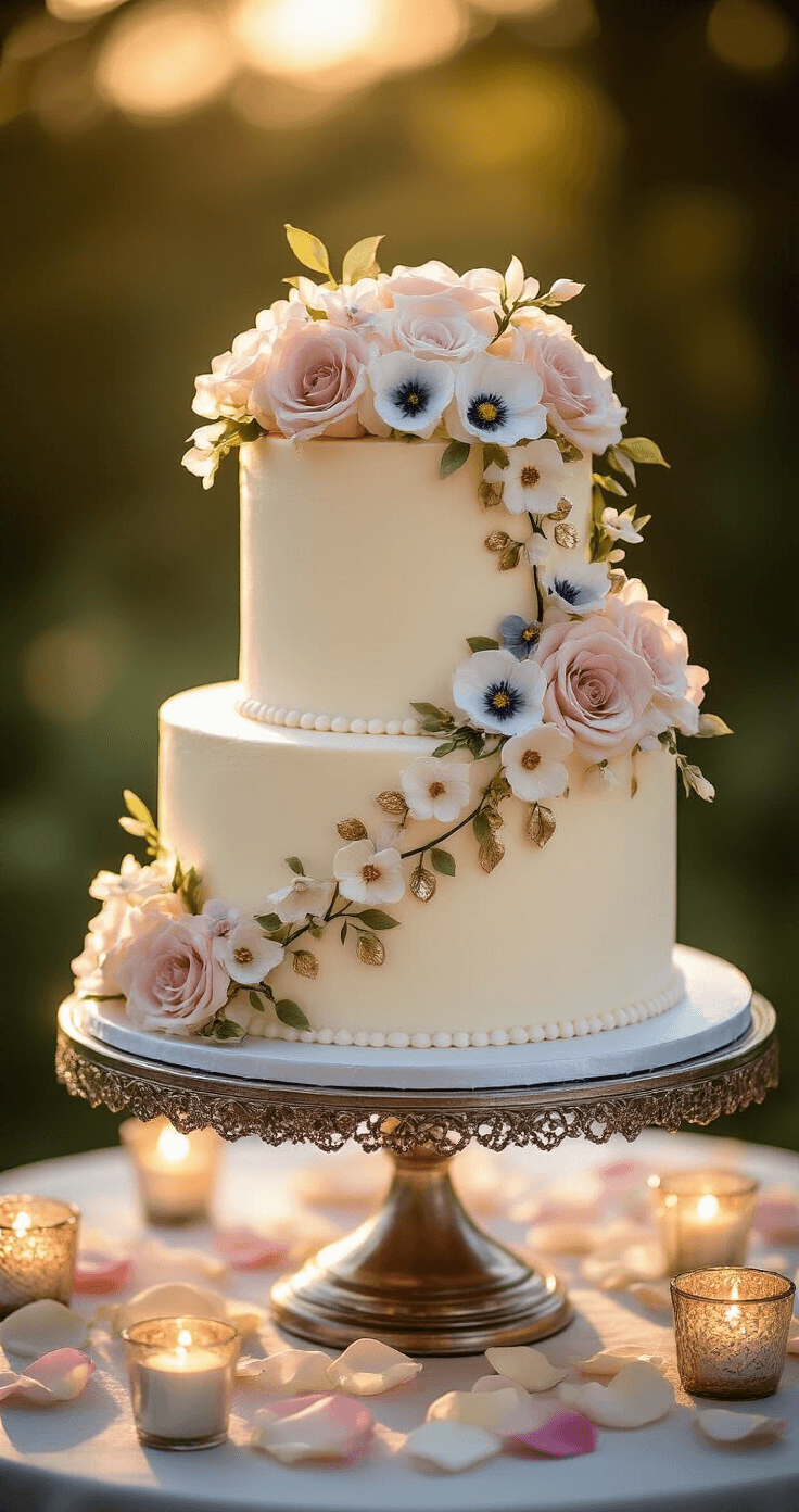 An elegantly finished two-tier wedding cake on an ornate silver stand, featuring pearl-white buttercream, cascading pastel edible flowers, and metallic accents, surrounded by rose petals and tea lights on a vintage dessert table during golden hour.