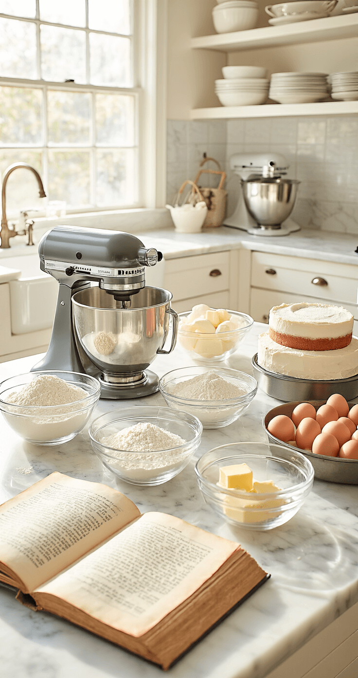 A sunlit professional kitchen with a marble countertop displaying neatly arranged baking ingredients, including cake flour, eggs, and butter, alongside a stand mixer and an open vintage recipe book, while cake pans of various sizes are prepared with parchment paper.