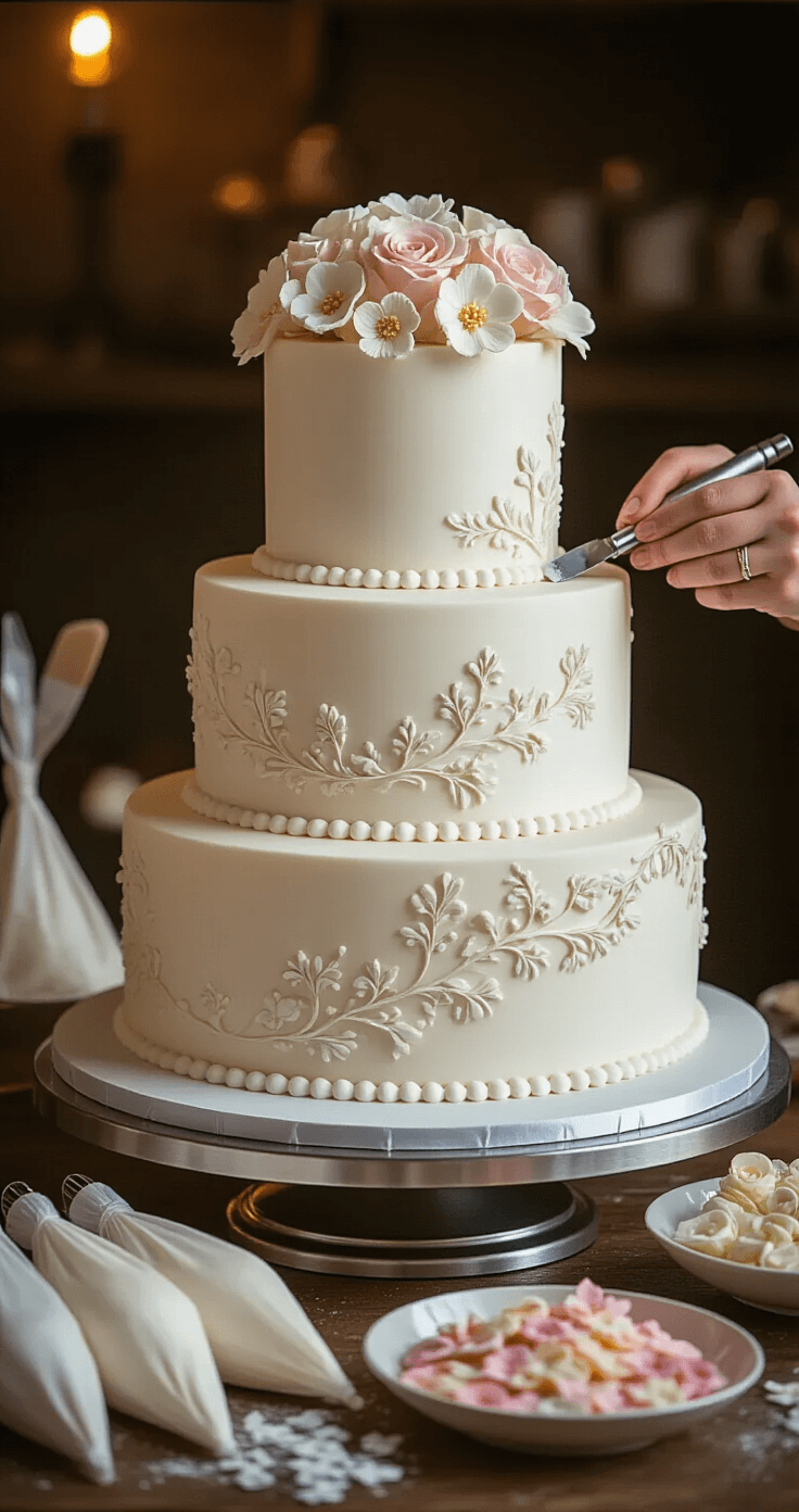 An elegant cake decorating station featuring a three-tier white wedding cake with botanical details, surrounded by piping bags, sugar flowers, and metallic dowels, as a decorator adds finishing touches.