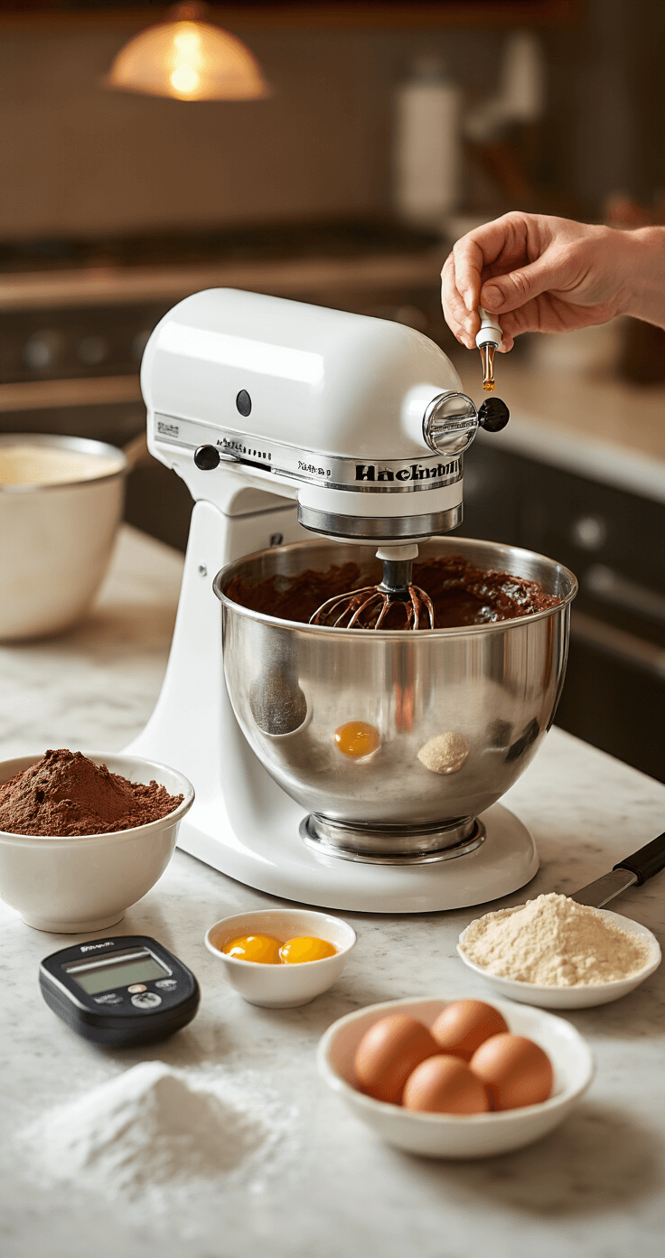 A professional kitchen with warm lighting features a stand mixer preparing chocolate cake batter, surrounded by artfully arranged ingredients on a marble countertop, including cocoa powder, eggs, and sugar, while a chef adds vanilla extract.