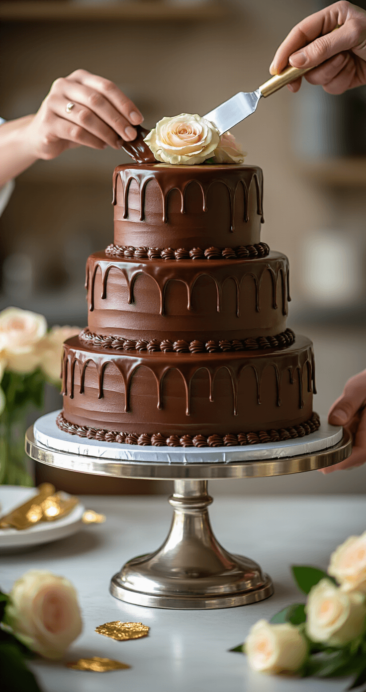 A close-up of a three-tiered chocolate wedding cake on a silver stand, with glossy ganache cascading down, being finished by skilled hands using an offset spatula, in a softly blurred professional bakery setting.