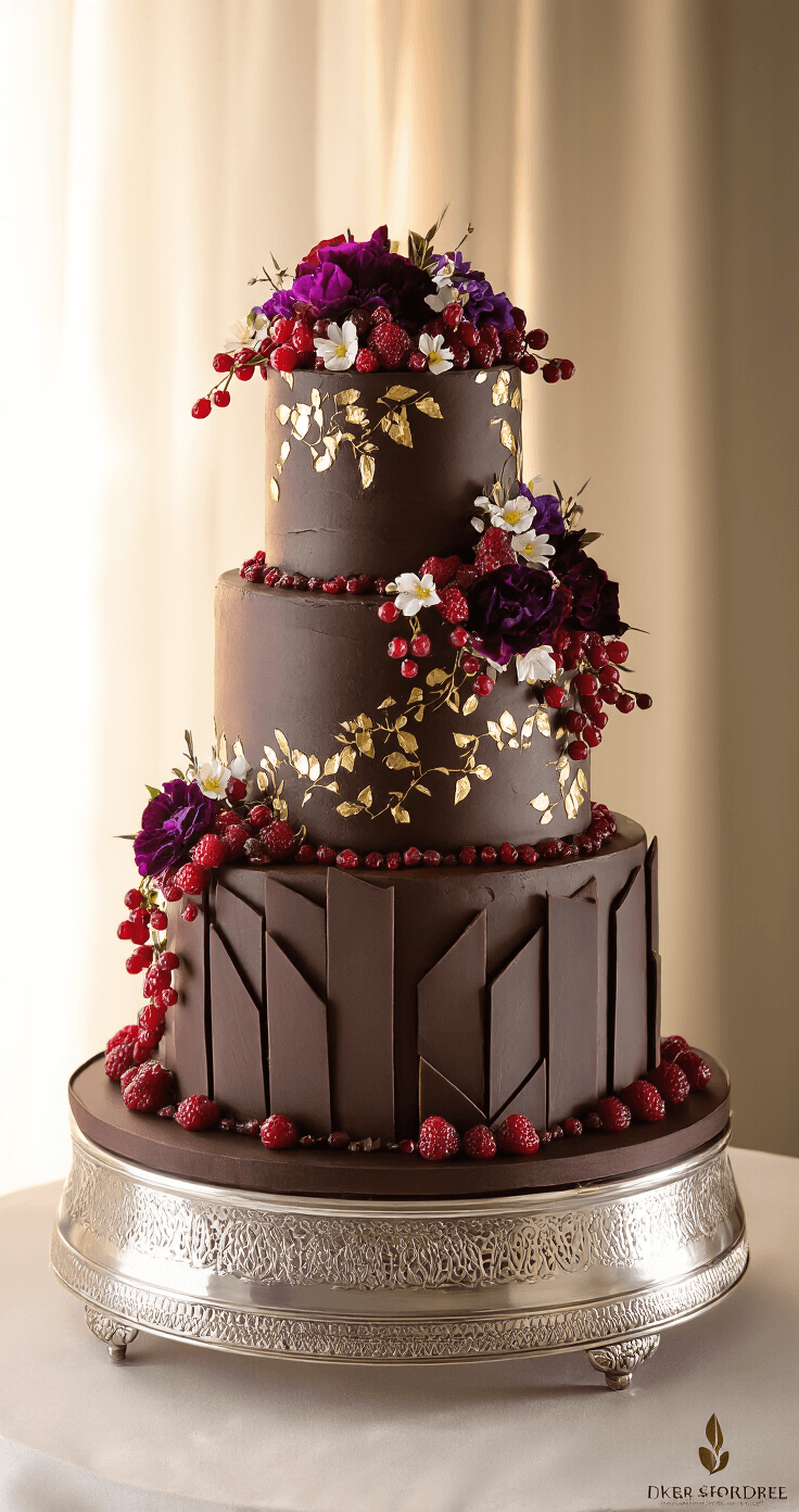 A three-tiered chocolate wedding cake on a silver stand, adorned with dark chocolate buttercream, fresh red berries, gold leaf accents, geometric chocolate shards on the middle tier, and edible flowers on top, all illuminated by warm spotlights against a soft-focus backdrop.