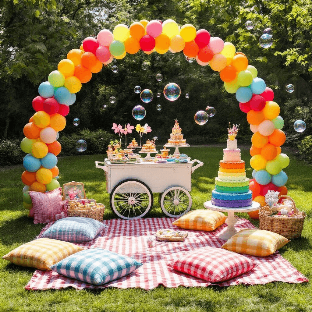 Aerial view of a whimsical children's birthday celebration in a sunlit backyard, featuring a bright balloon arch, gingham picnic blankets, oversized pillows, a vintage ice cream cart, a towering rainbow cake, spinning pinwheels, and a bubble machine amidst lush green grass.