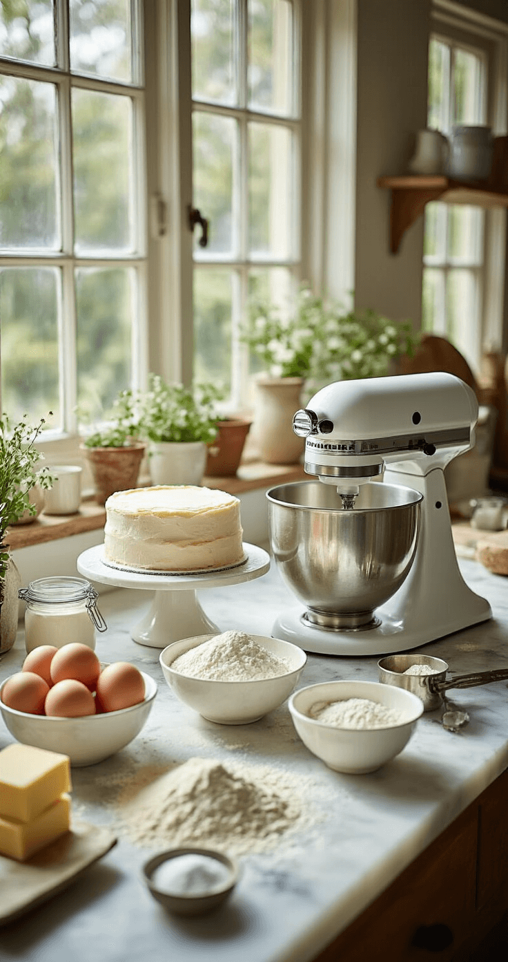 Close-up of a professional kitchen workspace with natural light, featuring a marble countertop adorned with ingredients for a rustic wedding cake, including farm-fresh eggs, premium butter, and sifted flour in elegant glass bowls, alongside a stand mixer and vintage measuring cups.