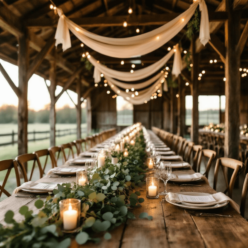 A rustic barn wedding reception at golden hour features a DIY greenery garland of eucalyptus and pine along a wooden farm table, with flickering candles in glass hurricanes and delicate blush and cream fabric strip garlands hanging from wooden beams.
