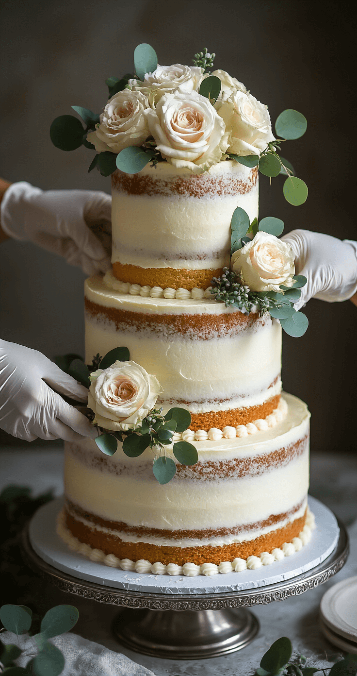 Dramatic overhead view of a three-tiered semi-naked wedding cake on a vintage silver stand, decorated with fresh roses and eucalyptus, showcasing smooth buttercream and golden cake layers in soft afternoon light.